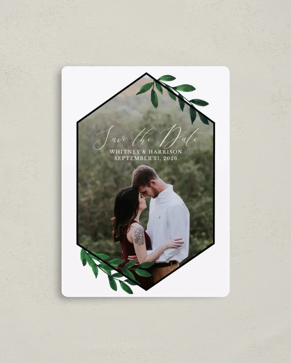 This is a 4" x 5½" Save the Date Magnet called Wispy Greenery printed in full color with a Luxe Satin finish