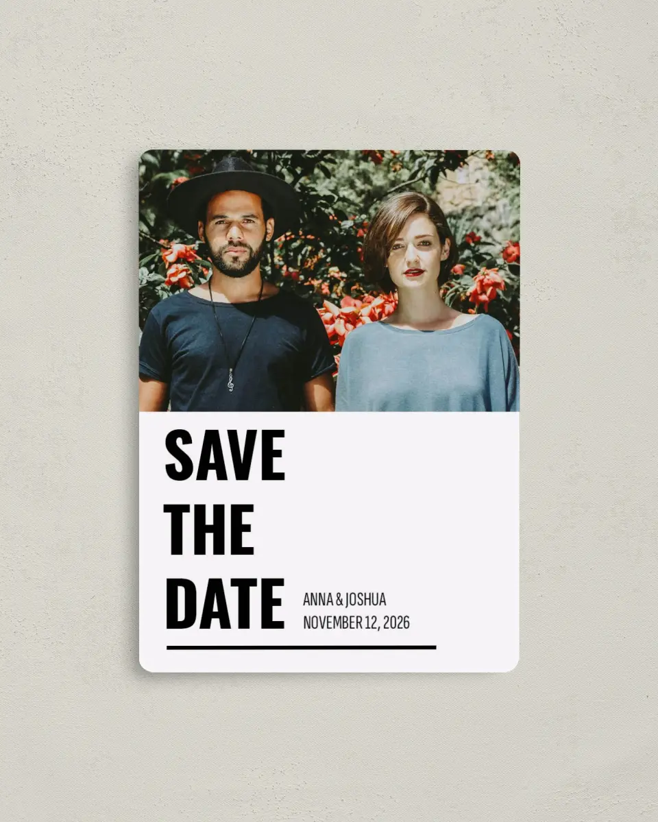 This is a 4" x 5½" Save the Date Magnet called Stunning Symmetry printed in full color with a Luxe Satin finish