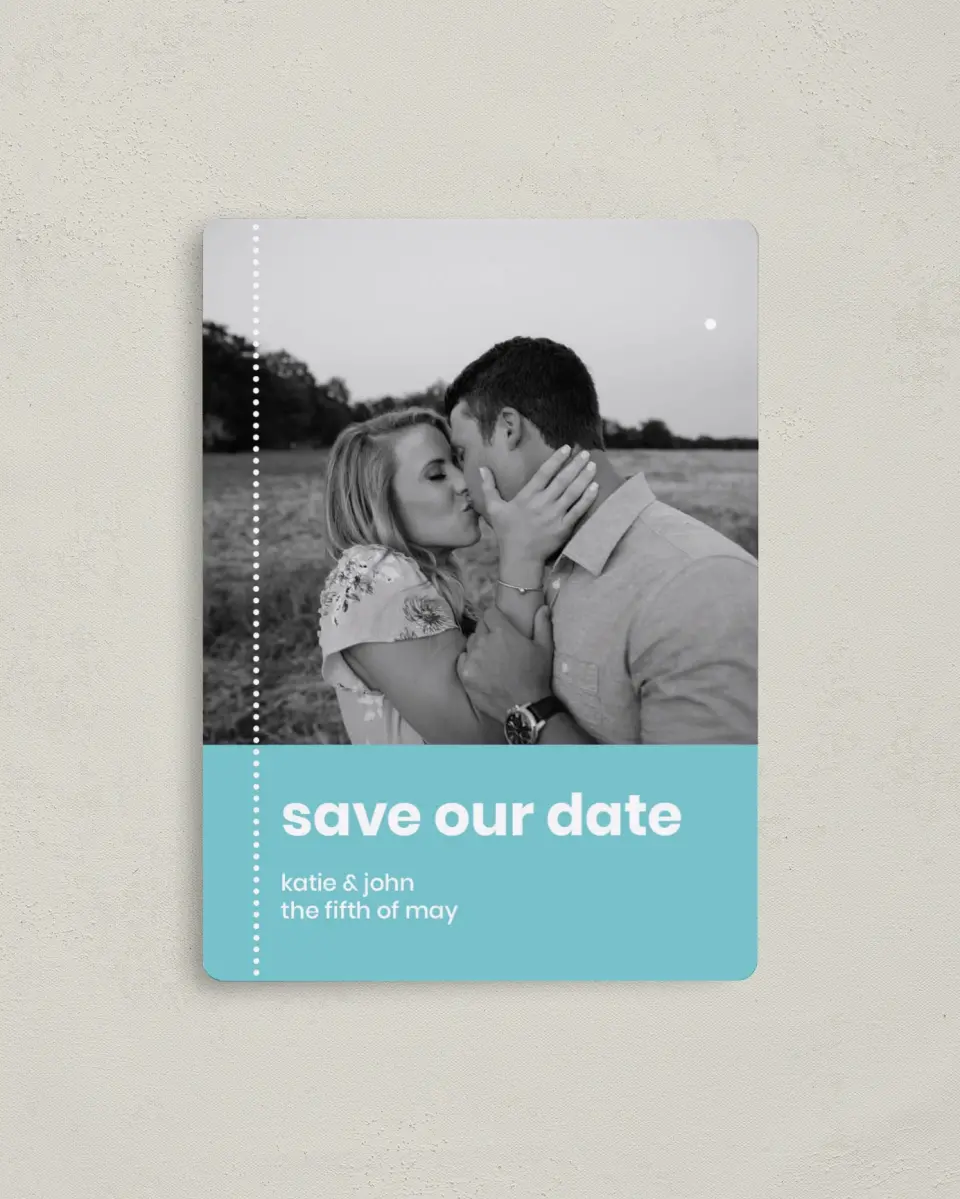 This is a 4" x 5½" Save the Date Magnet called Mod Blocks printed in full color with a Luxe Satin finish