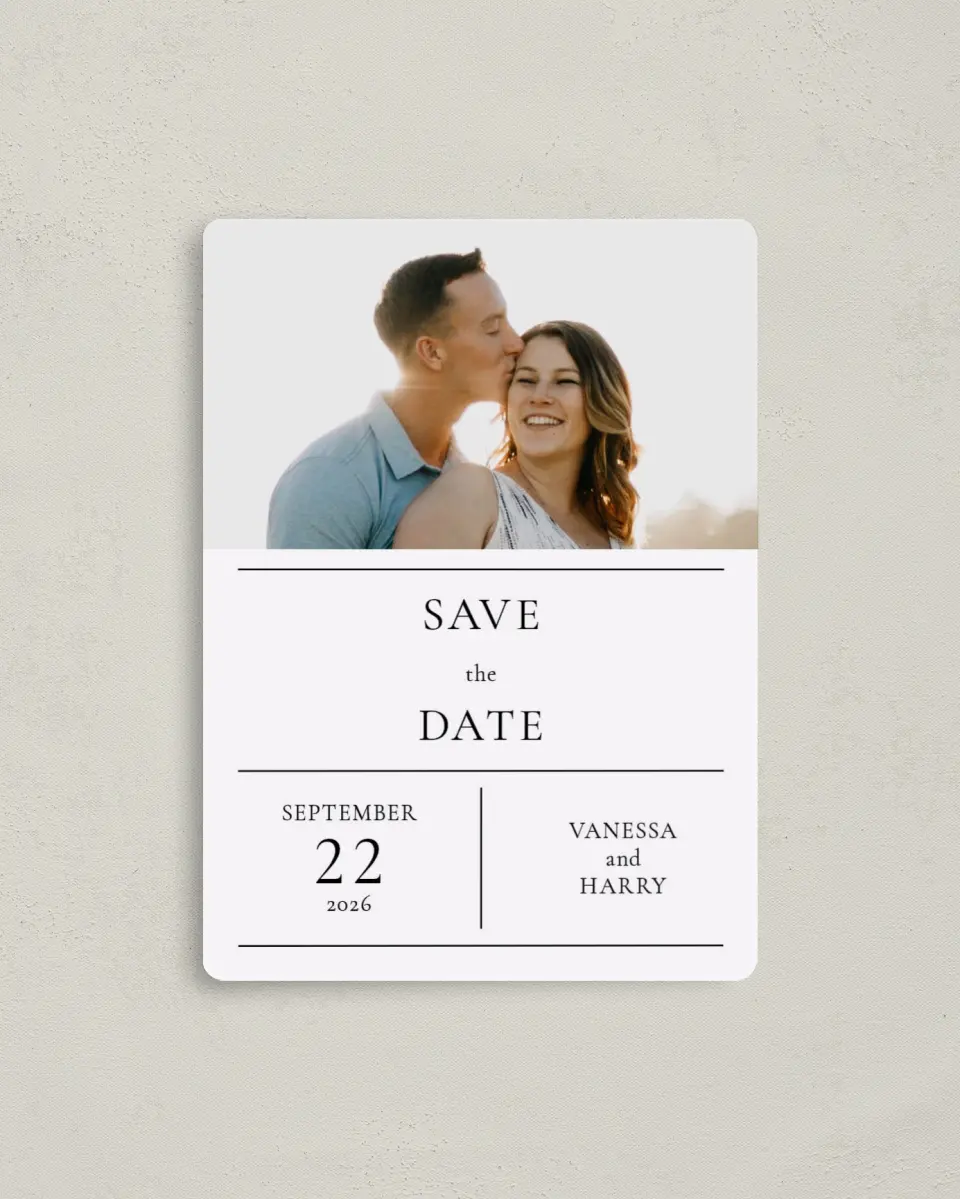This is a 4" x 5½" Save the Date Magnet called Lovely Blush printed in full color with a Luxe Satin finish