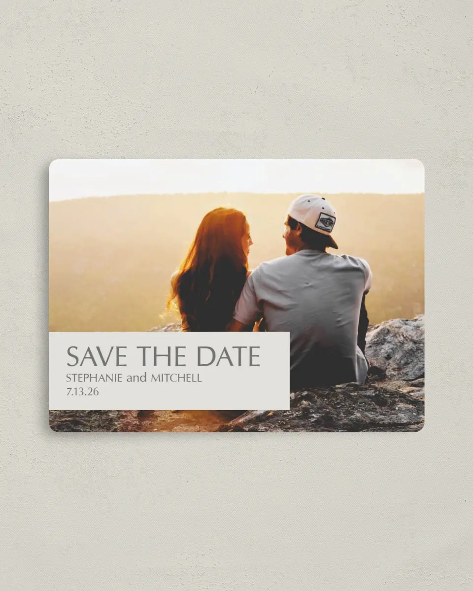 This is a 4" x 5½" Save the Date Magnet called Exquisitely Simple printed in full color with a Luxe Satin finish