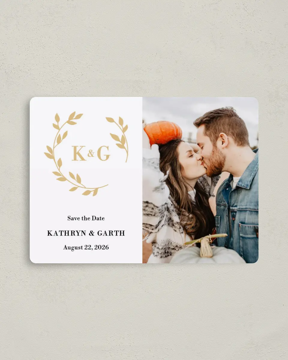 This is a 4" x 5½" Save the Date Magnet called Charming Monogram printed in full color with a Luxe Satin finish