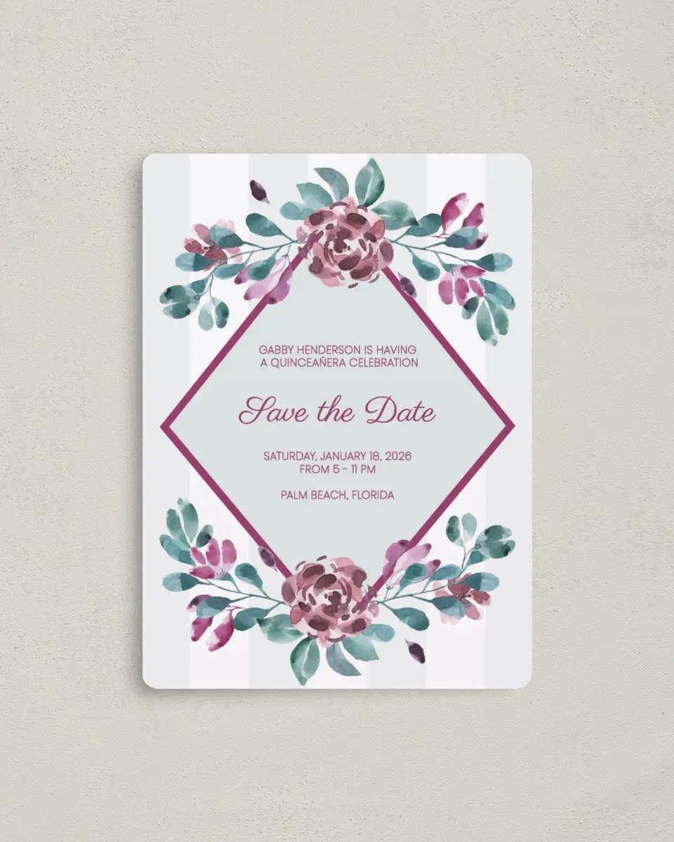 This is a 4" x 5½" Quinceanera Save the Date called Ethereal Floret printed in full color with Gold foil and a Luxe Satin finish