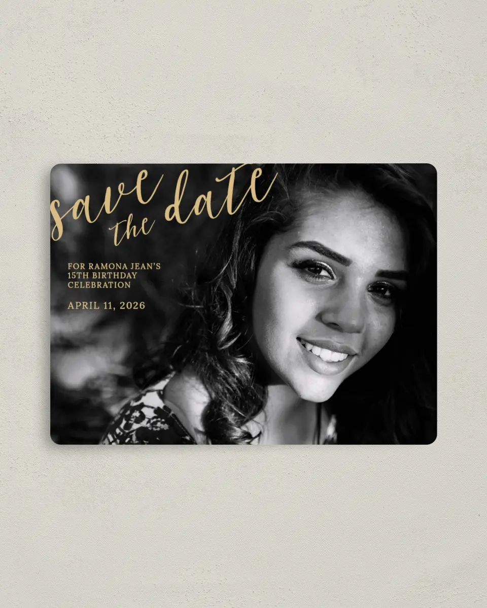 This is a 4" x 5½" Quinceanera Save the Date called Then & Now printed in full color with Gold foil and a Luxe Satin finish