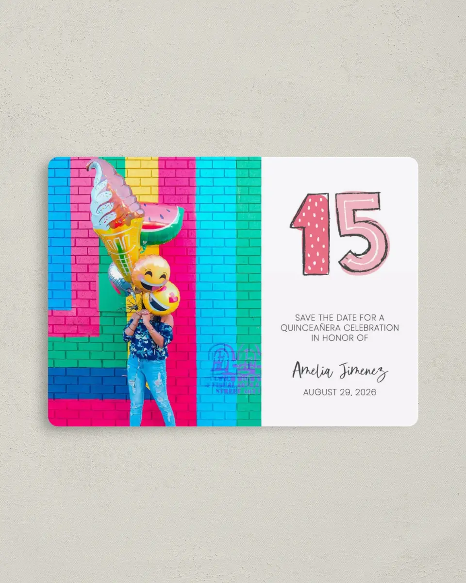 This is a 4" x 5½" Quinceanera Save the Date called Fun Fifteen printed in full color with Gold foil and a Luxe Satin finish