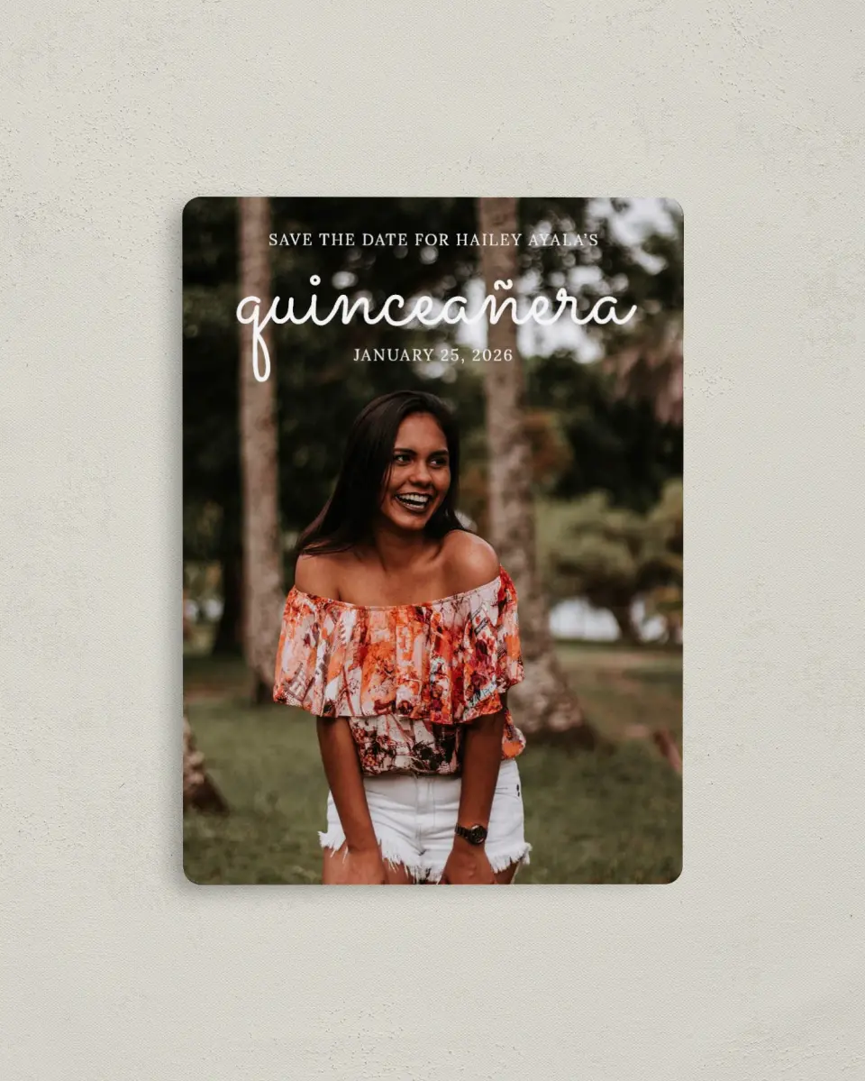 This is a 4" x 5½" Quinceanera Save the Date called Blissful Fifteen printed in full color with Gold foil and a Luxe Satin finish
