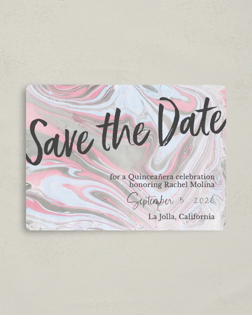 This is a 4" x 5½" Quinceanera Save the Date called Dazzling Marble printed in full color with Gold foil and a Luxe Satin finish