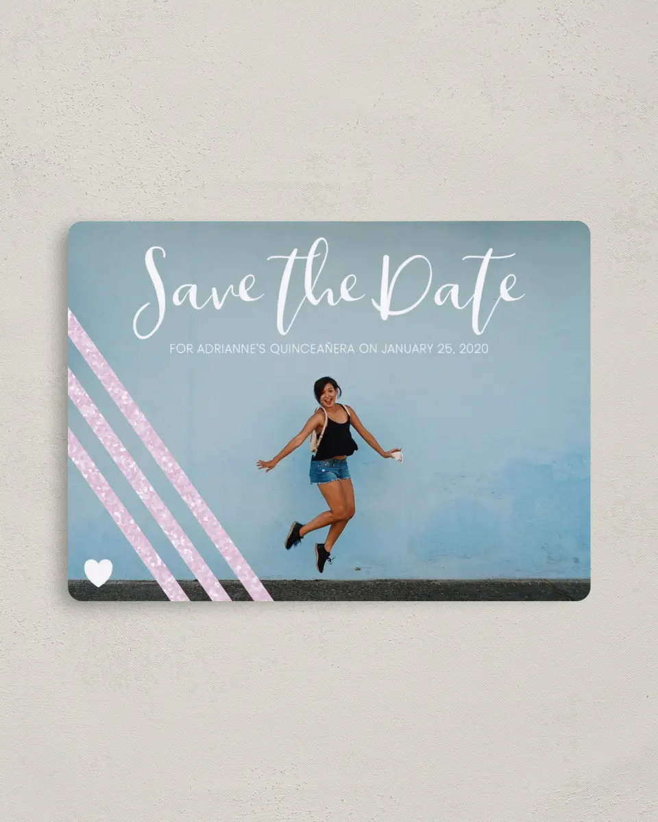 This is a 4" x 5½" Quinceanera Save the Date called Glitzy Gala printed in full color with Gold foil and a Luxe Satin finish