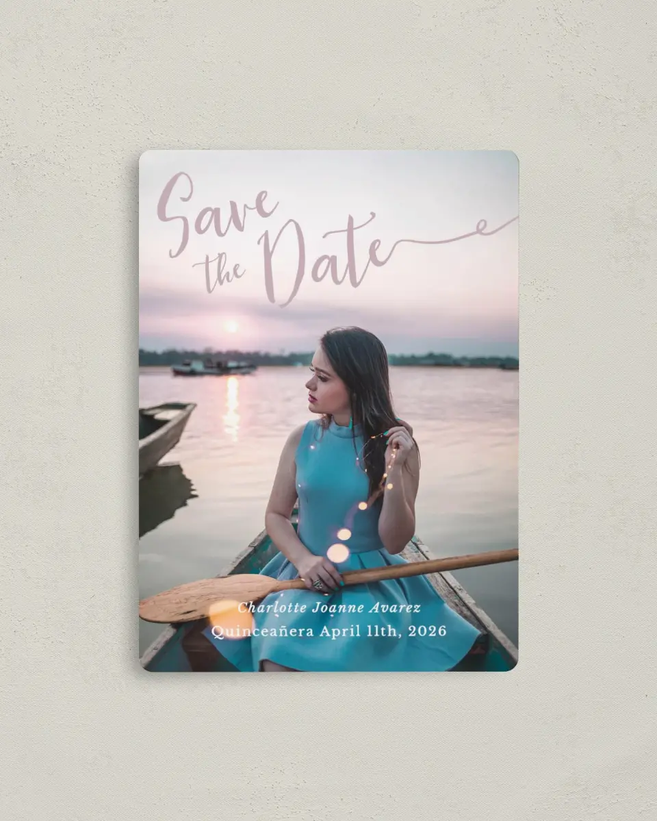 This is a 4" x 5½" Quinceanera Save the Date called Elegant Bokeh printed in full color with Gold foil and a Luxe Satin finish