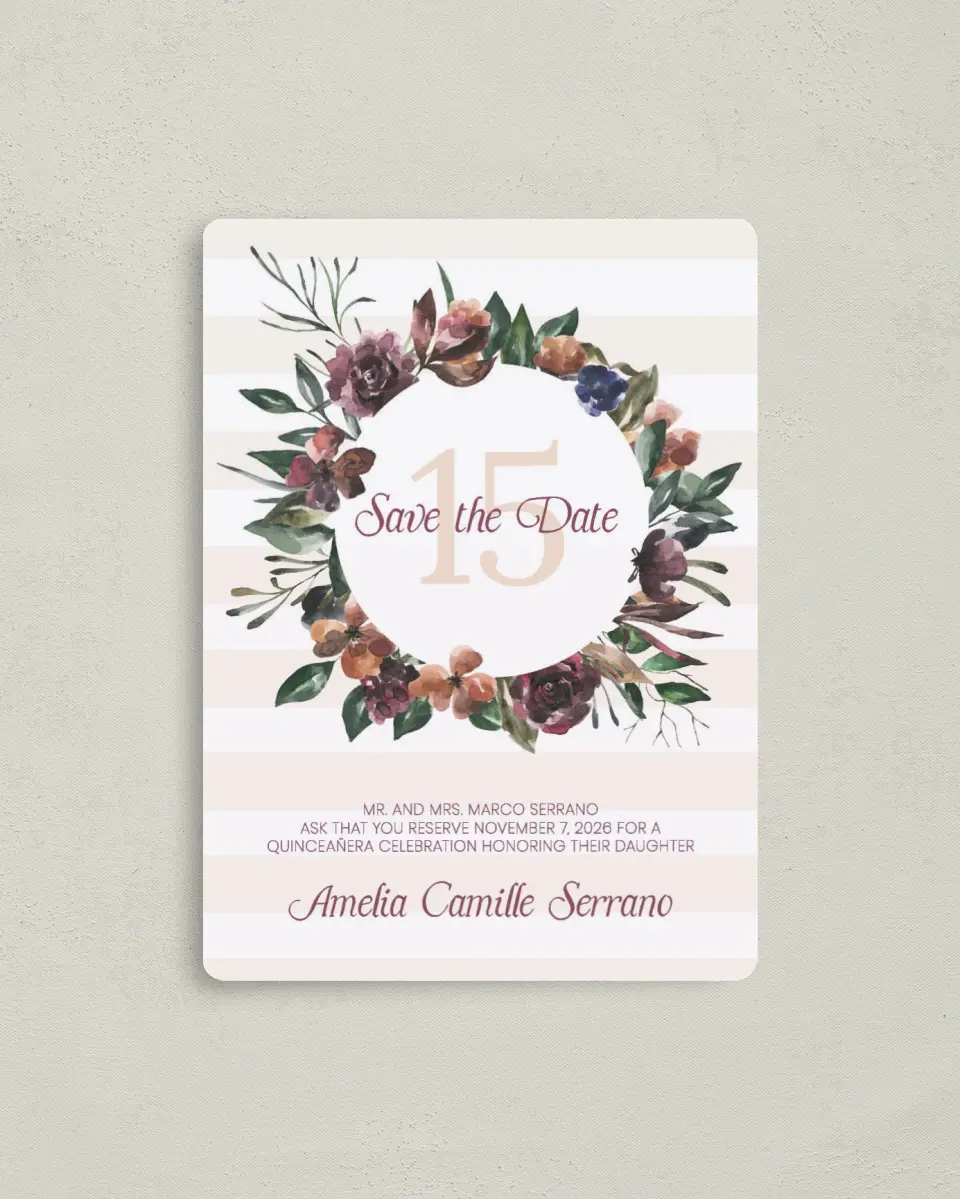This is a 4" x 5½" Quinceanera Save the Date called Gracefully Fifteen printed in full color with Gold foil and a Luxe Satin finish