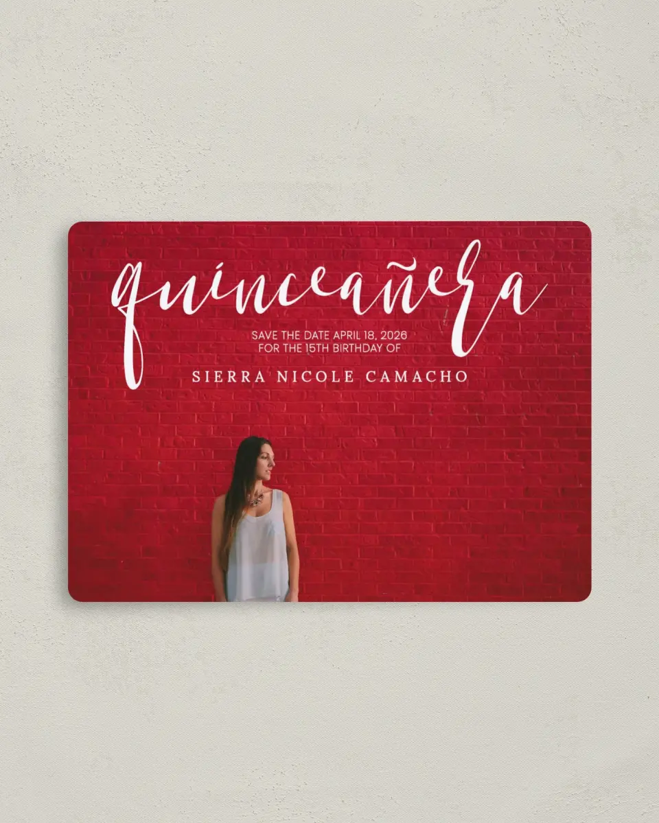 This is a 4" x 5½" Quinceanera Save the Date called Quince Glam printed in full color with Gold foil and a Luxe Satin finish