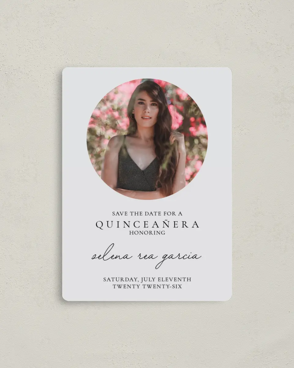 This is a 4" x 5½" Quinceanera Save the Date called Lovely Blooms printed in full color with Gold foil and a Luxe Satin finish