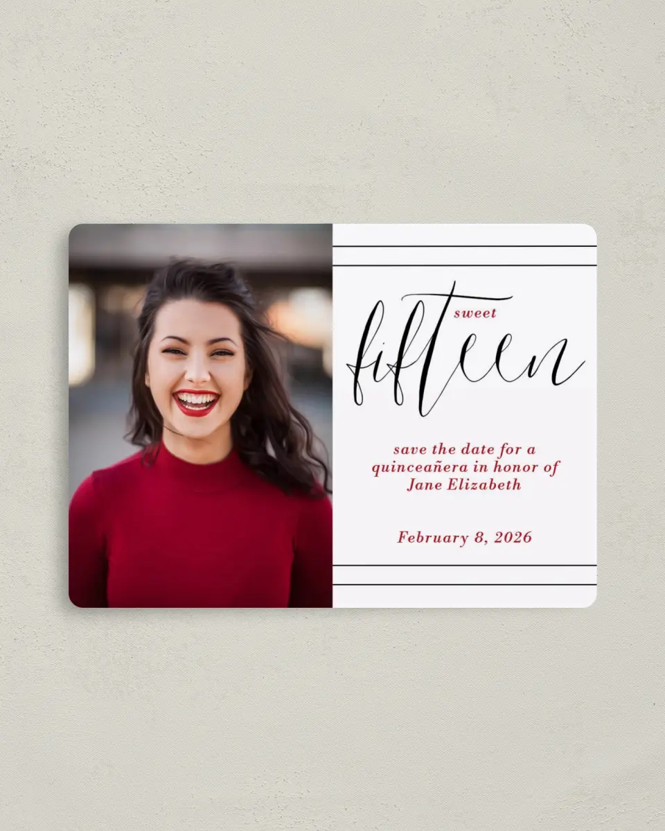 This is a 4" x 5½" Quinceanera Save the Date called Showy Sweet Fifteen printed in full color with Gold foil and a Luxe Satin finish