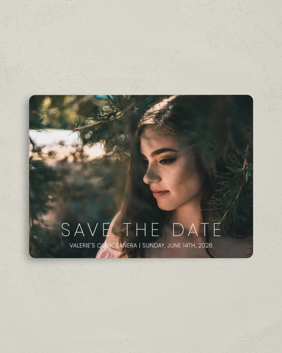 This is a 4" x 5½" Quinceanera Save the Date called Delicate Watercolor printed in full color with Gold foil and a Luxe Satin finish