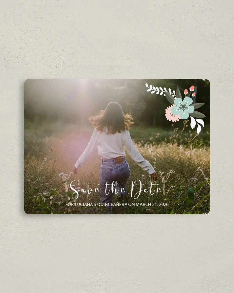 This is a 4" x 5½" Quinceanera Save the Date called Framed Florets printed in full color with Gold foil and a Luxe Satin finish
