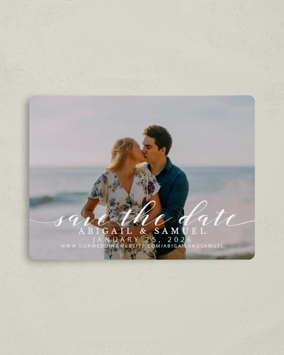 This is a 4" x 5½" Save the Date Magnet called Timeless Eloquence printed in full color with a Luxe Satin finish