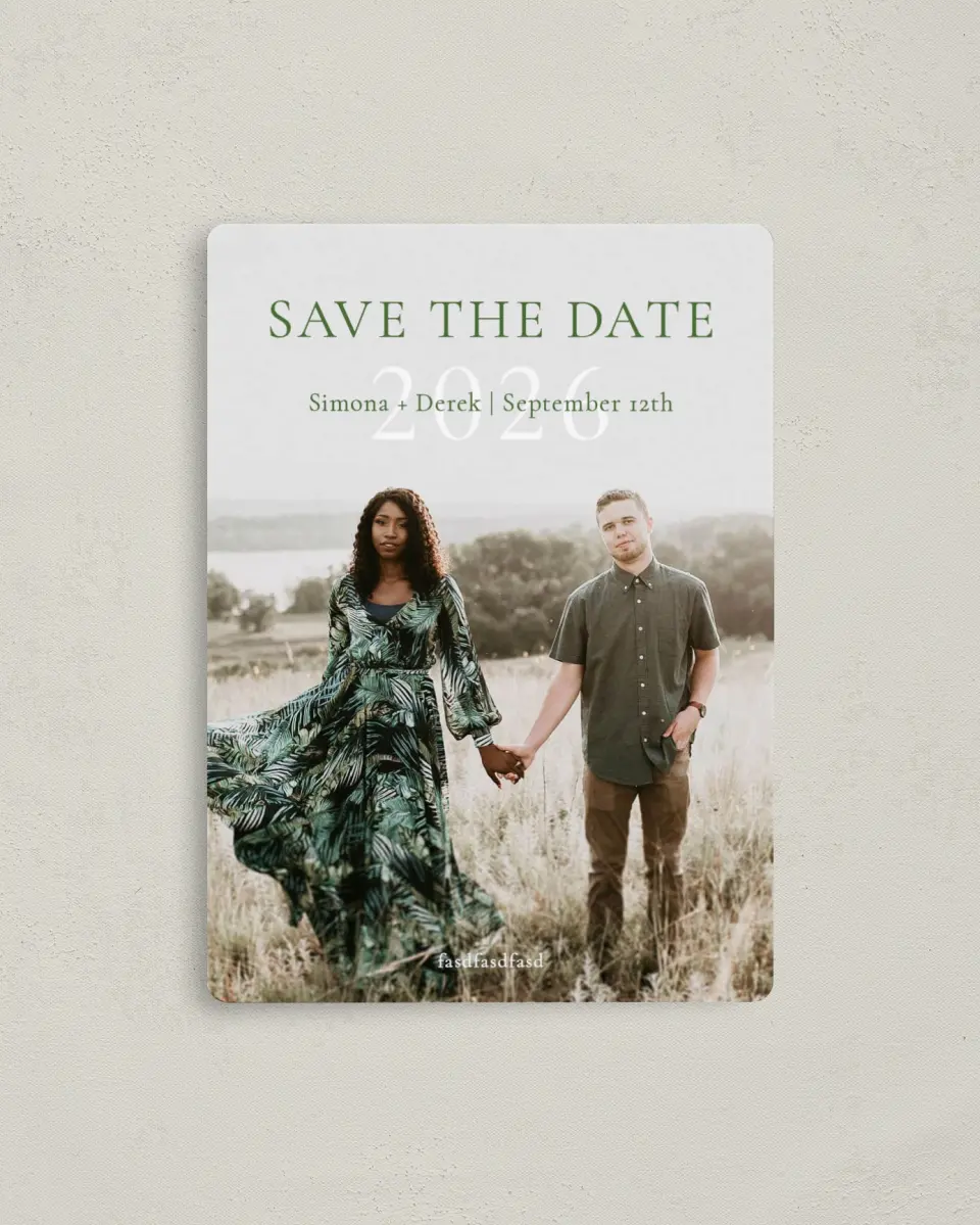 This is a 4" x 5½" Save the Date Magnet called Rustic Grace printed in full color with a Luxe Satin finish