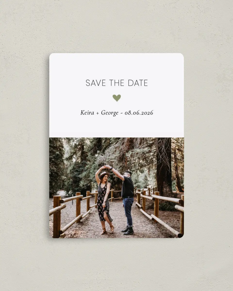 This is a 4" x 5½" Save the Date Magnet called Heavenly Hearts printed in full color with a Luxe Satin finish