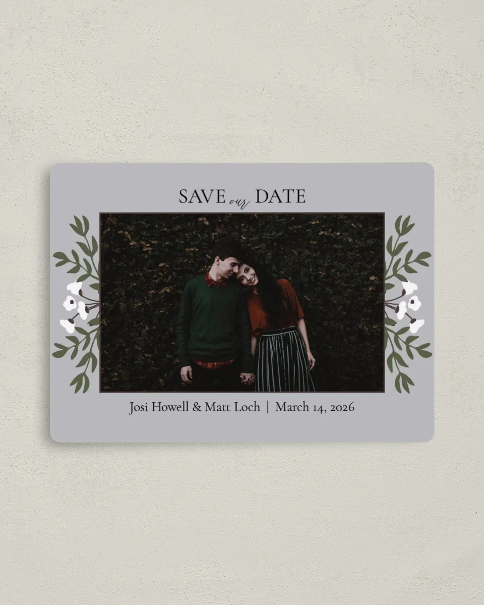 This is a 4" x 5½" Save the Date Magnet called Floral Bliss printed in full color with a Luxe Satin finish