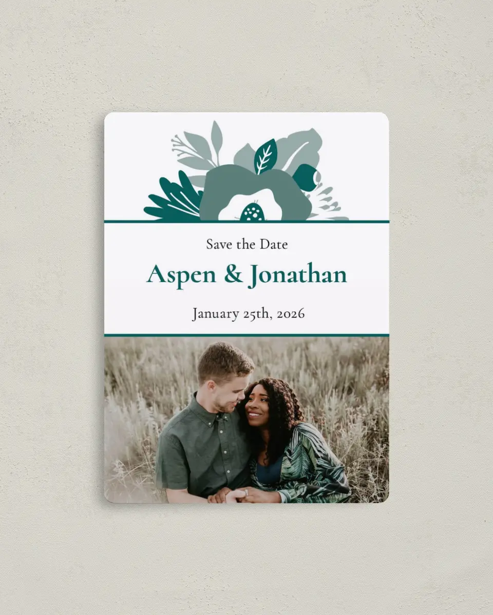 This is a 4" x 5½" Save the Date Magnet called Blooming Delight printed in full color with a Luxe Satin finish