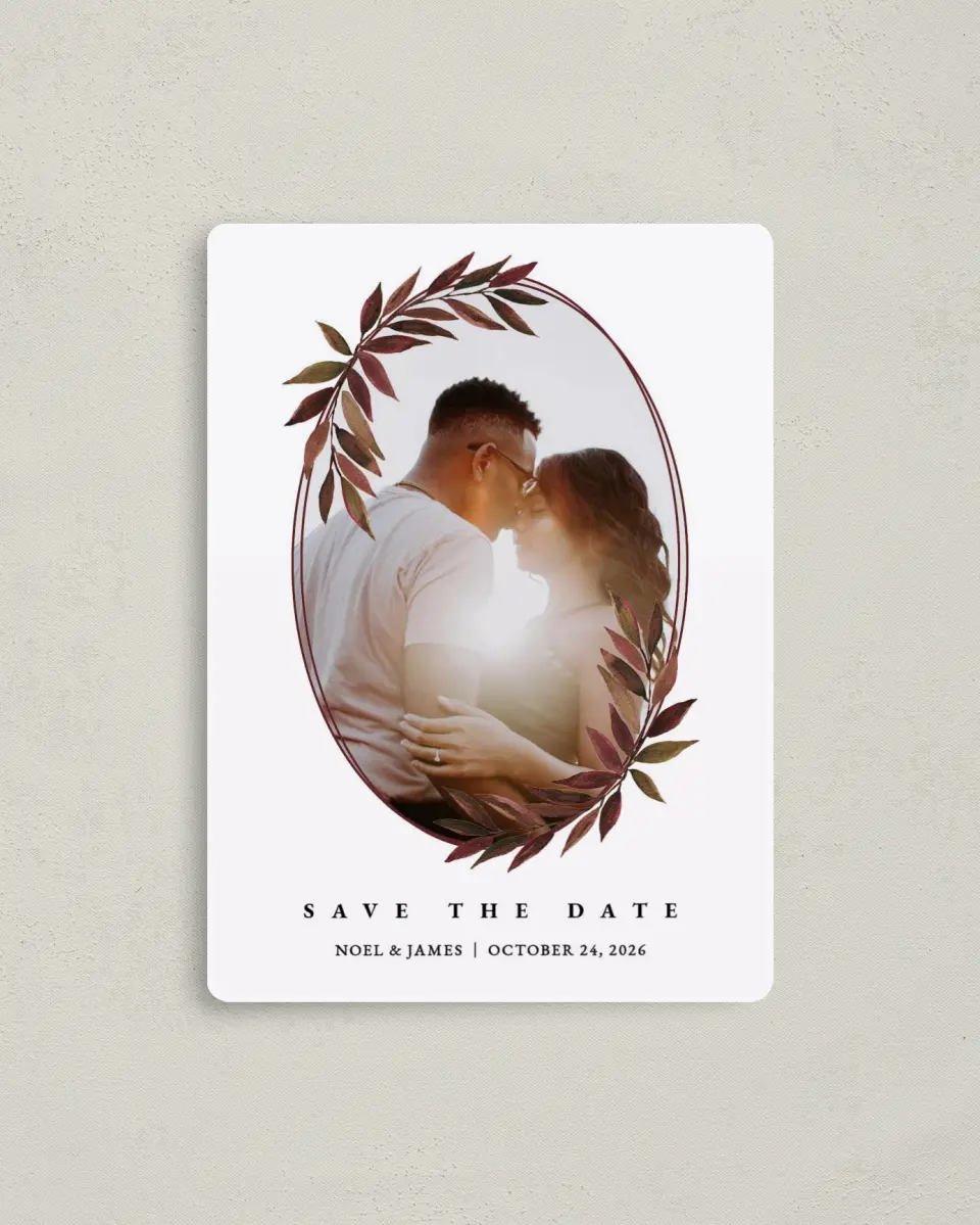 This is a 4" x 5½" Save the Date Magnet called Lavish Leaves printed in full color with a Luxe Satin finish