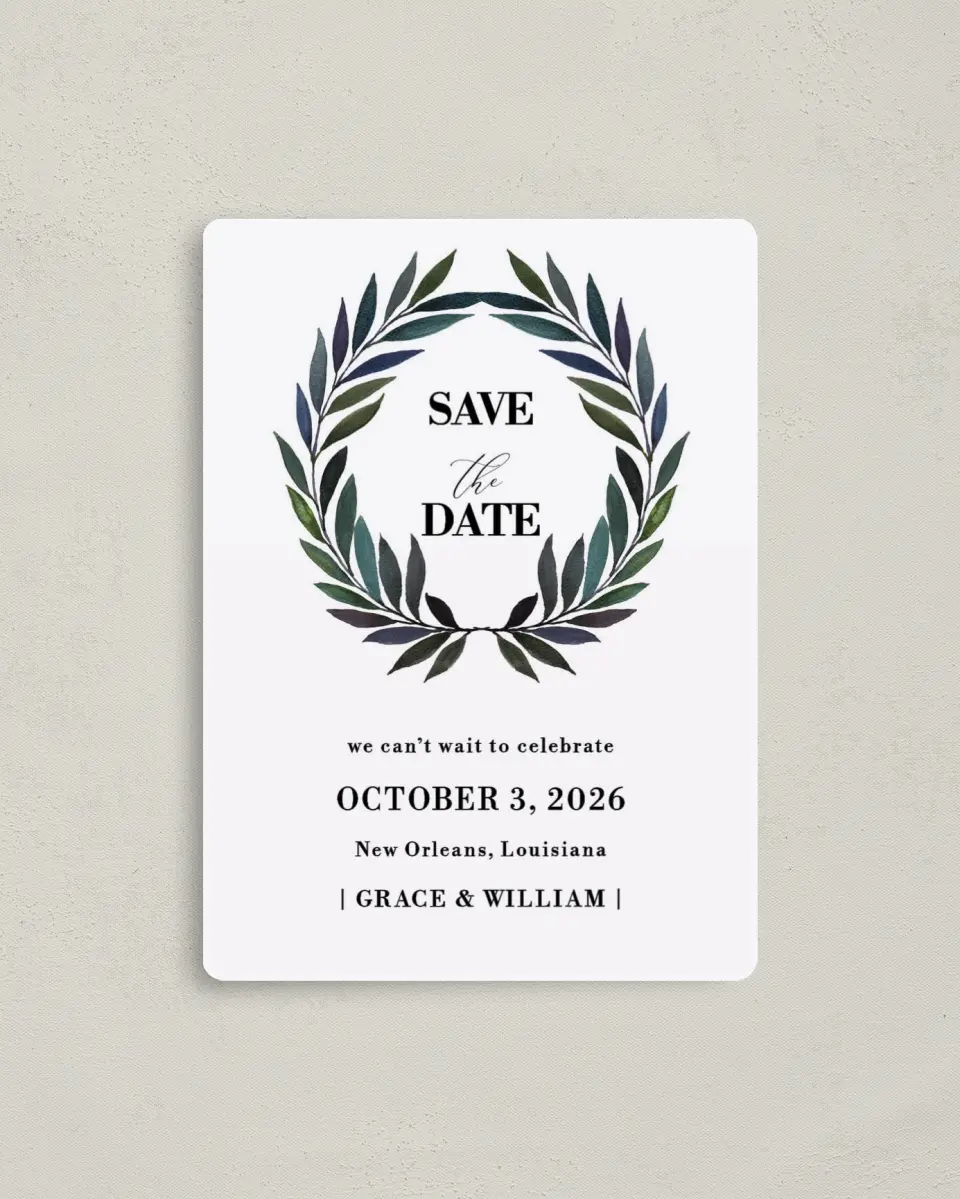 This is a 4" x 5½" Save the Date Magnet called Laurel Crown printed in full color with a Luxe Satin finish