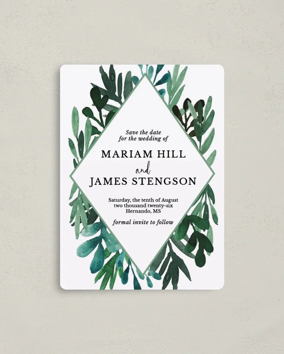 This is a 4" x 5½" Save the Date Magnet called Breathtaking Boughs printed in full color with a Luxe Satin finish