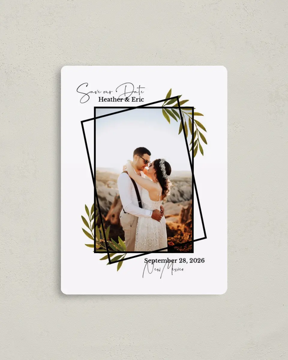 This is a 4" x 5½" Save the Date Magnet called Gilded Sage printed in full color with a Luxe Satin finish