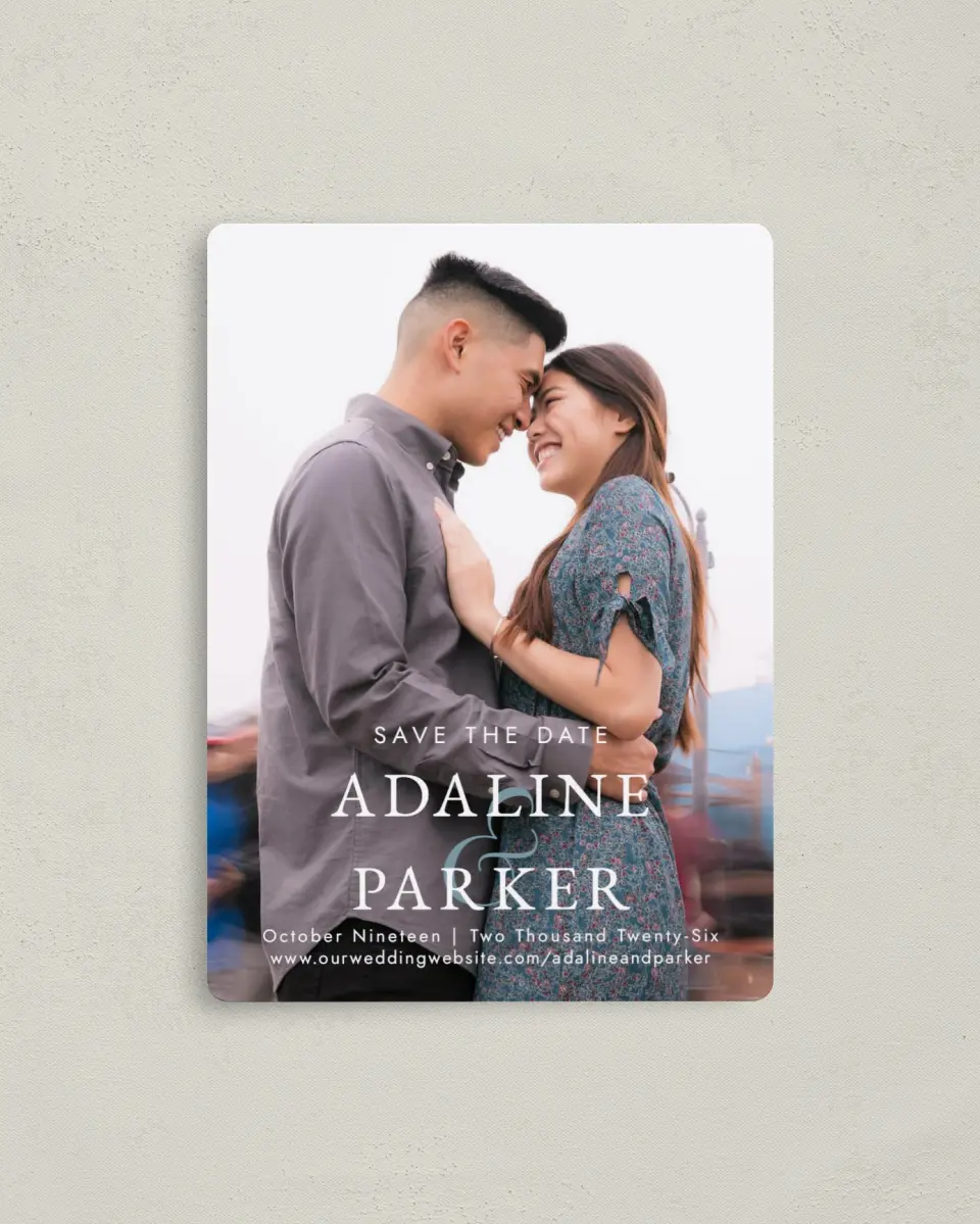 This is a 4" x 5½" Save the Date Magnet called By My Side printed in full color with Rose Gold foil and a Luxe Satin finish