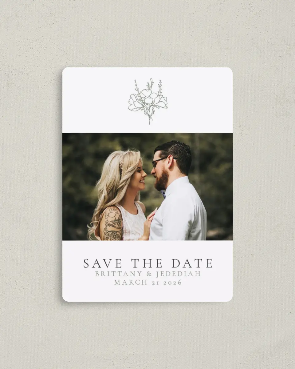 This is a 4" x 5½" Save the Date Magnet called Poetic Bloom printed in full color with a Luxe Satin finish
