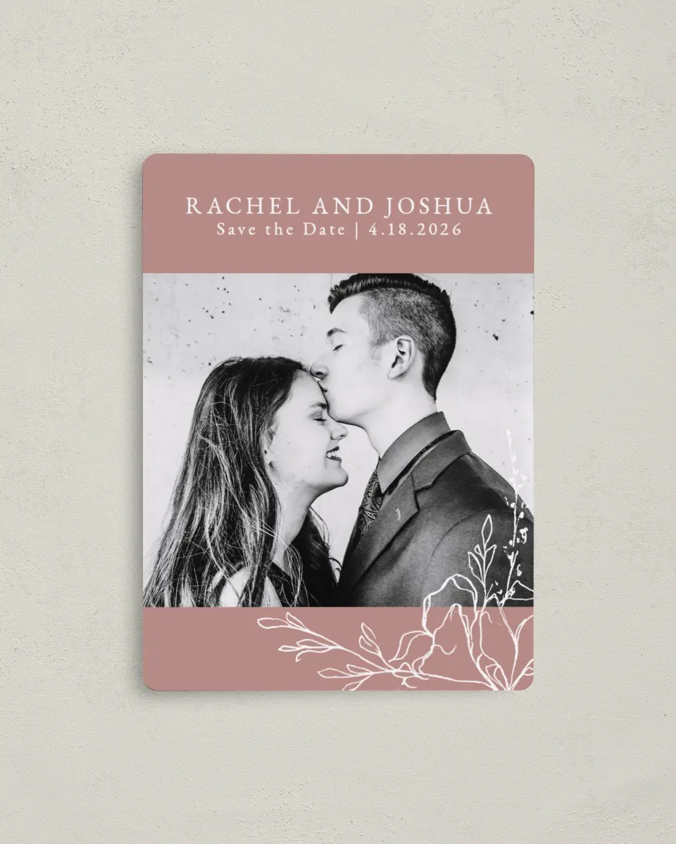 This is a 4" x 5½" Save the Date Magnet called Blooming Rose printed in full color with a Luxe Satin finish