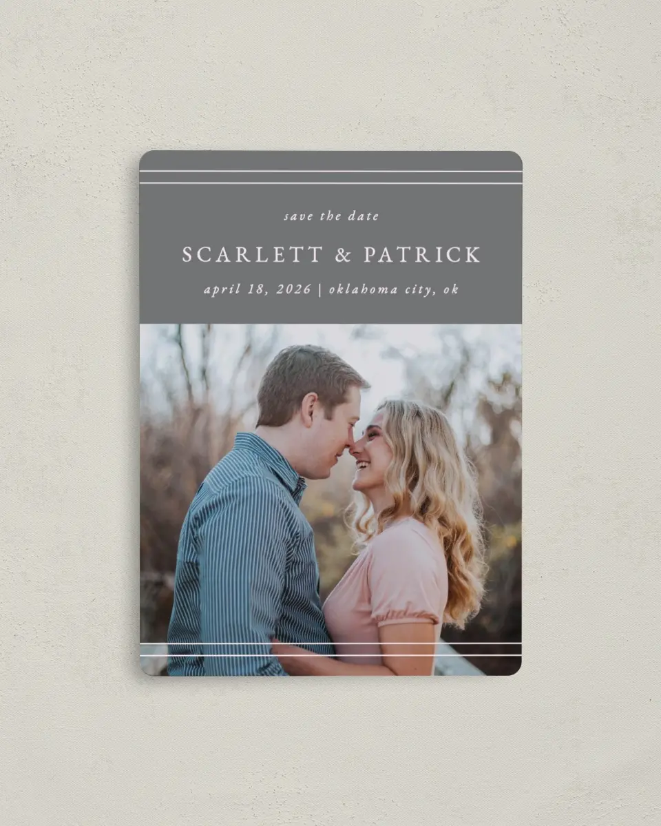 This is a 4" x 5½" Save the Date Magnet called Harmonious Stripes printed in full color with a Luxe Satin finish