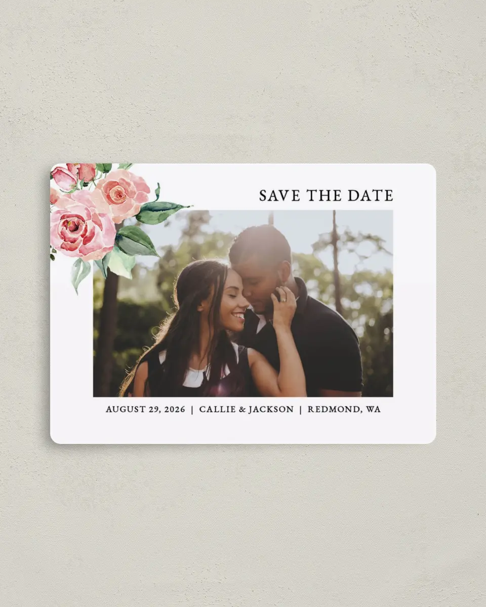 This is a 4" x 5½" Save the Date Magnet called Garden Dream printed in full color with a Luxe Satin finish