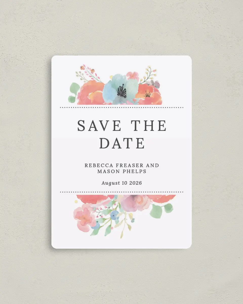 This is a 4" x 5½" Save the Date Magnet called Joyful Medley printed in full color with a Luxe Satin finish