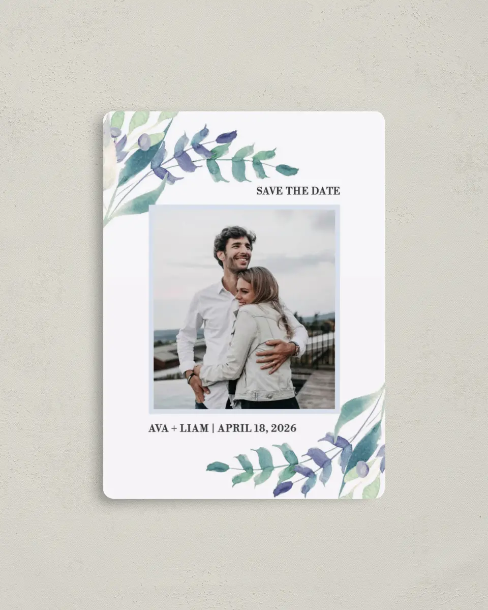 This is a 4" x 5½" Save the Date Magnet called Glorious Crown printed in full color with a Luxe Satin finish