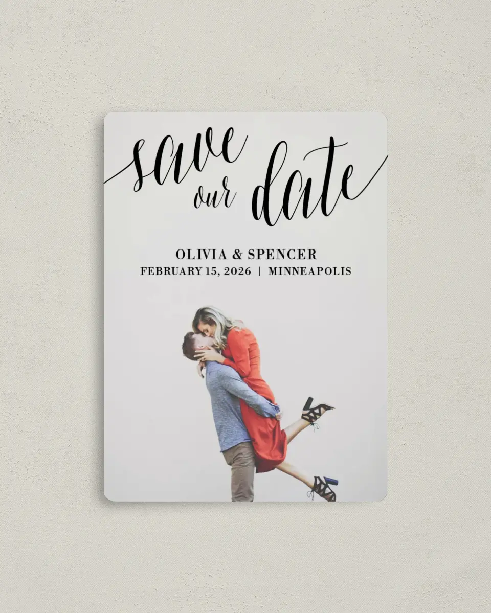 This is a 4" x 5½" Save the Date Magnet called Marble Mystique printed in full color with a Luxe Satin finish