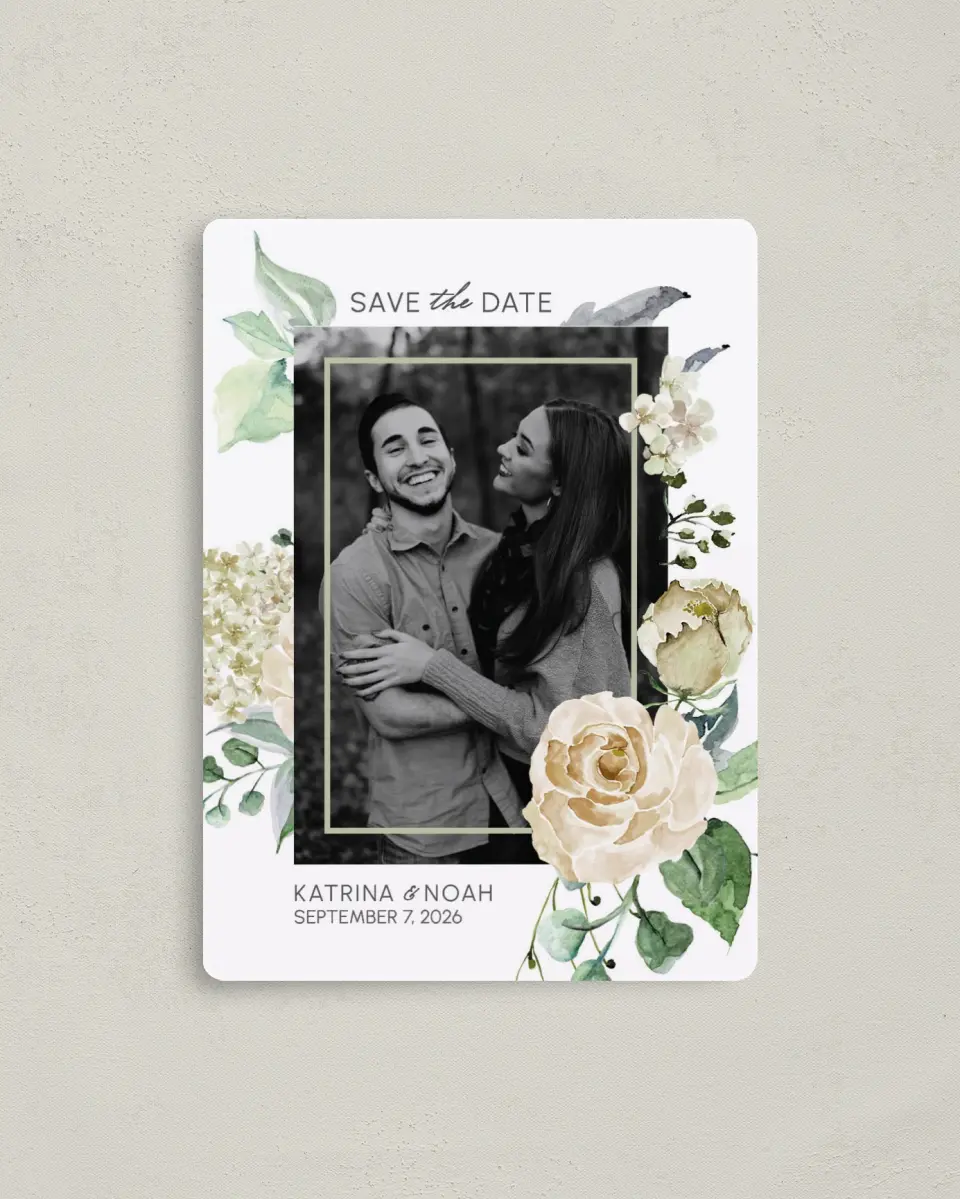 This is a 4" x 5½" Save the Date Magnet called Divine Romance printed in full color with a Luxe Satin finish