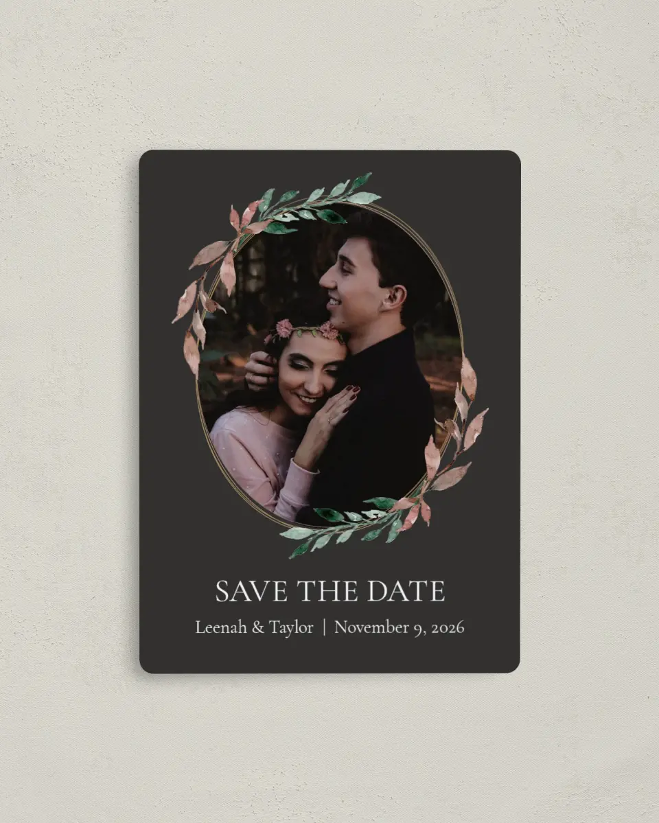 This is a 4" x 5½" Save the Date Magnet called Eternal Autumn printed in full color with a Luxe Satin finish