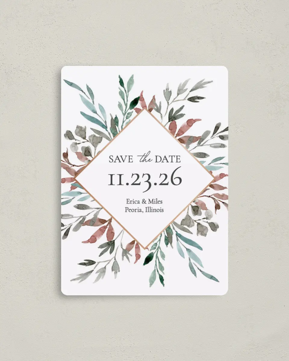 This is a 4" x 5½" Save the Date Magnet called Blissfully Fall printed in full color with a Luxe Satin finish