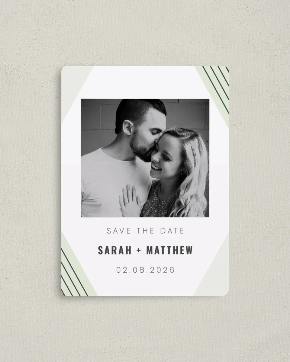 This is a 4" x 5½" Save the Date Magnet called Geometric Weave printed in full color with a Luxe Satin finish
