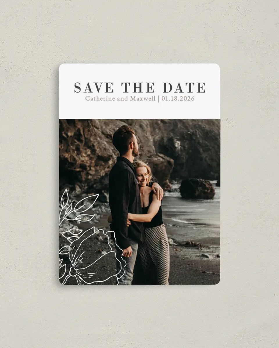 This is a 4" x 5½" Save the Date Magnet called Delicate Splendor printed in full color with a Luxe Satin finish