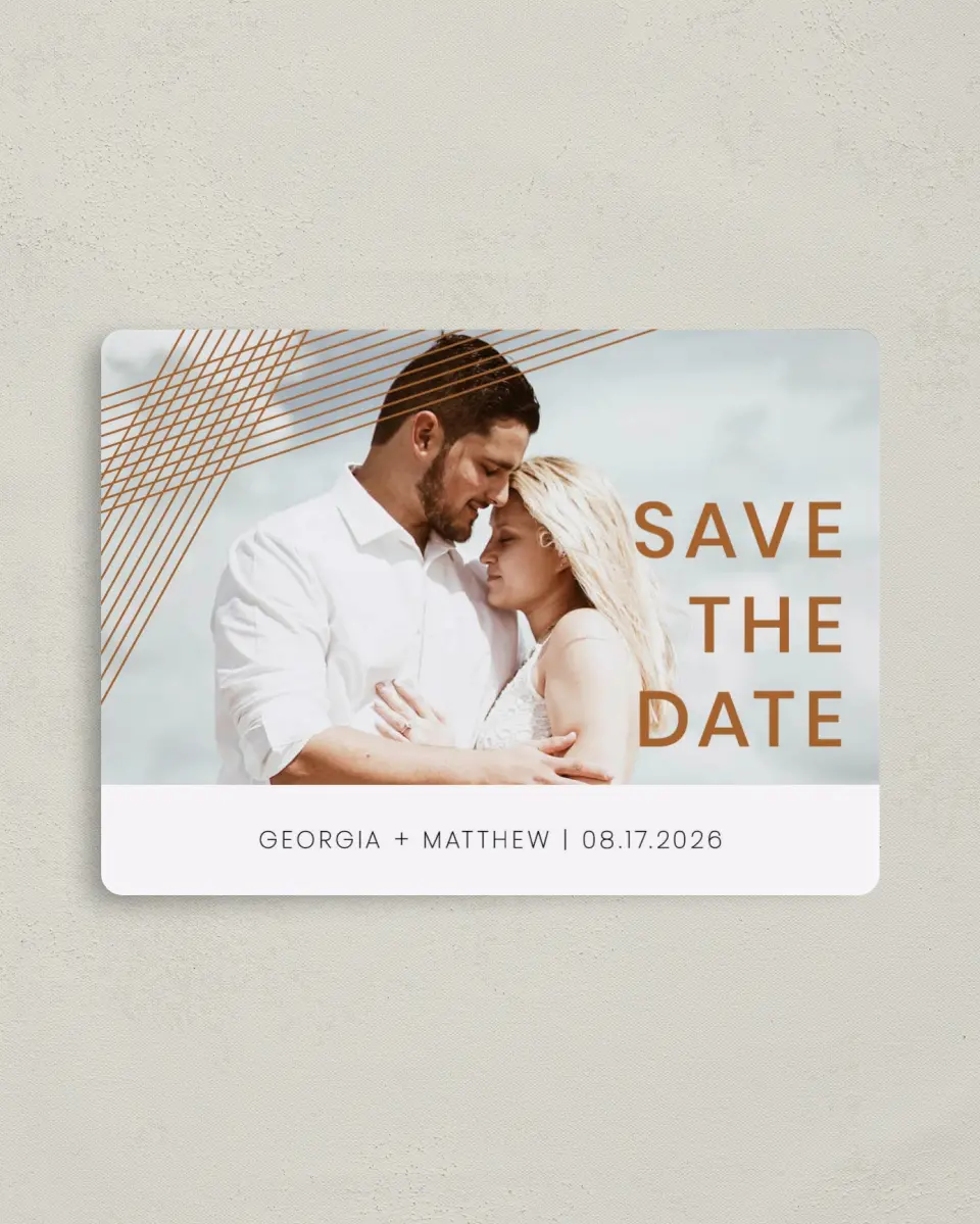 This is a 4" x 5½" Save the Date Magnet called Dashing Strands printed in full color with a Luxe Satin finish