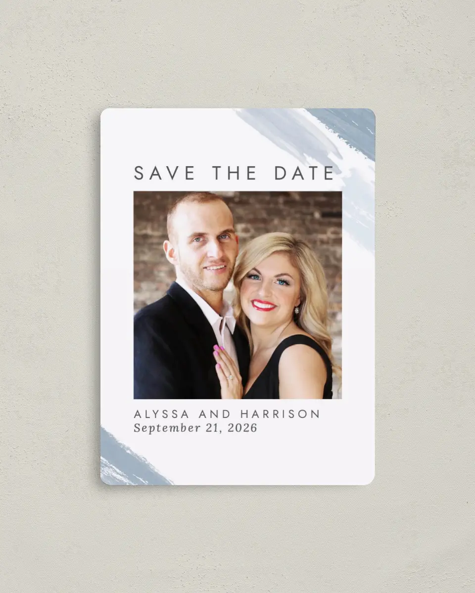 This is a 4" x 5½" Save the Date Magnet called Ethereal Swaths printed in full color with a Luxe Satin finish