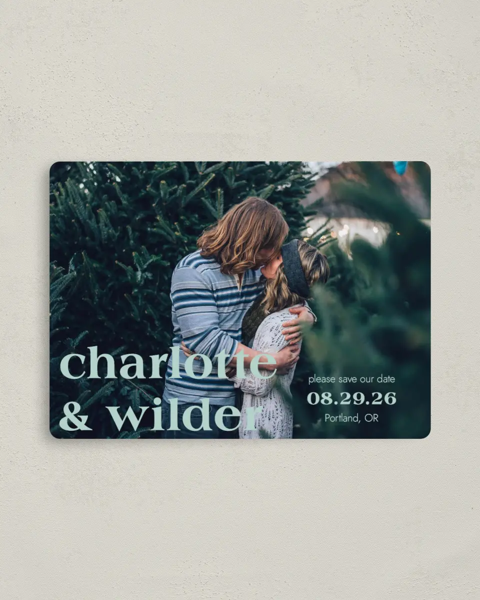 This is a 4" x 5½" Save the Date Magnet called Love Eternal printed in full color with a Luxe Satin finish