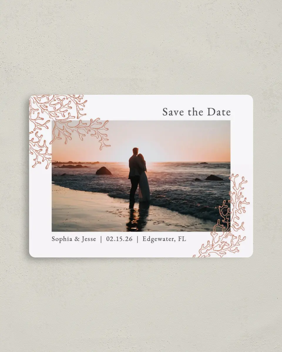 This is a 4" x 5½" Save the Date Magnet called Tropical Heaven printed in full color with a Luxe Satin finish