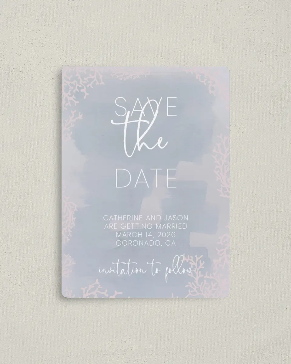 This is a 4" x 5½" Save the Date Magnet called Enchanting Sea printed in full color with a Luxe Satin finish