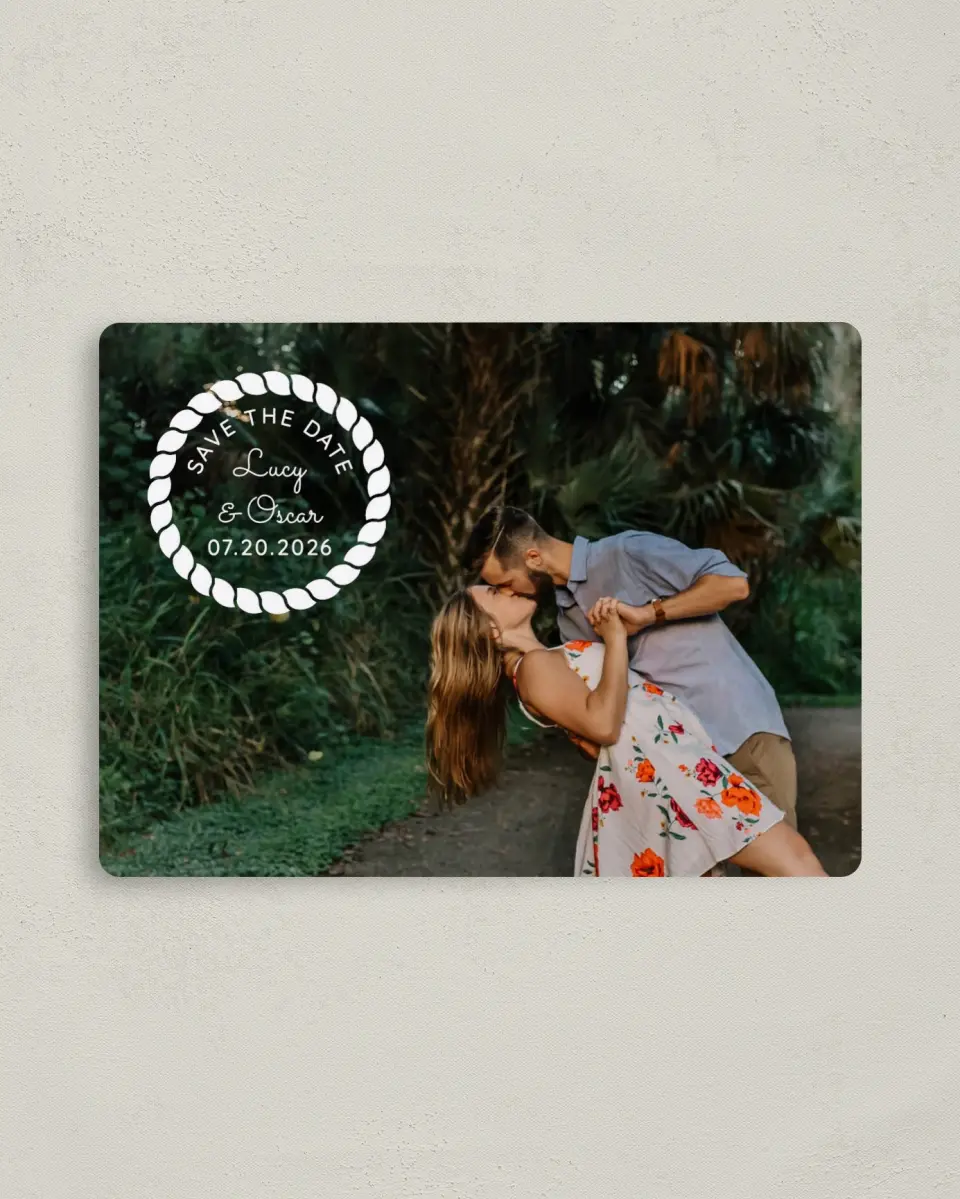 This is a 4" x 5½" Save the Date Magnet called Nautical Stripes printed in full color with a Luxe Satin finish
