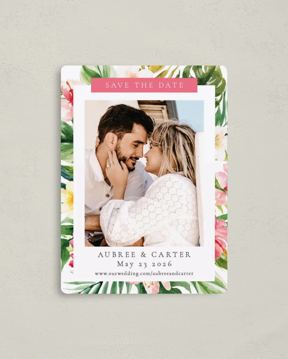 This is a 4" x 5½" Save the Date Magnet called Paradise of Love printed in full color with a Luxe Satin finish