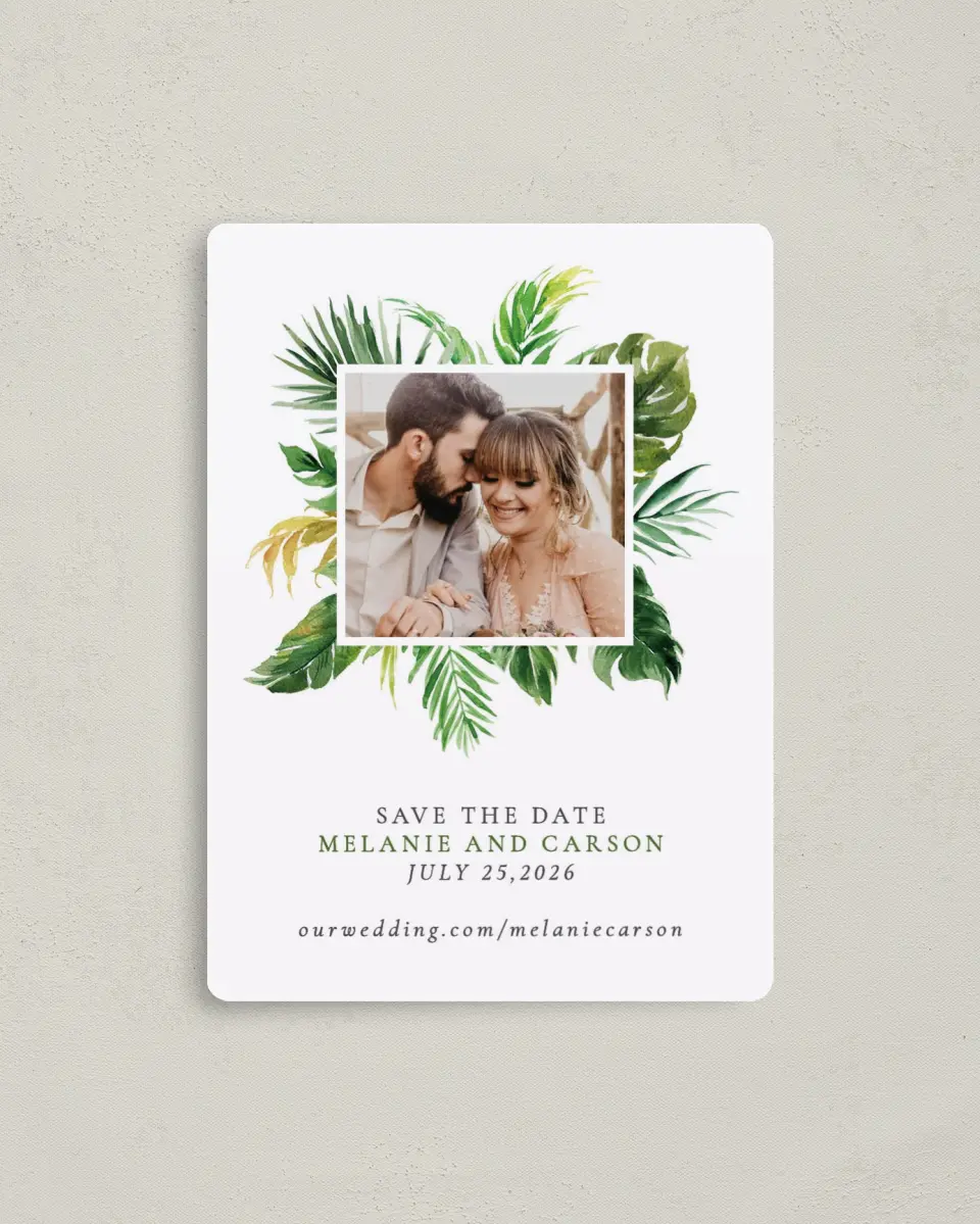 This is a 4" x 5½" Save the Date Magnet called Beach Palms printed in full color with Gold foil and a Luxe Satin finish