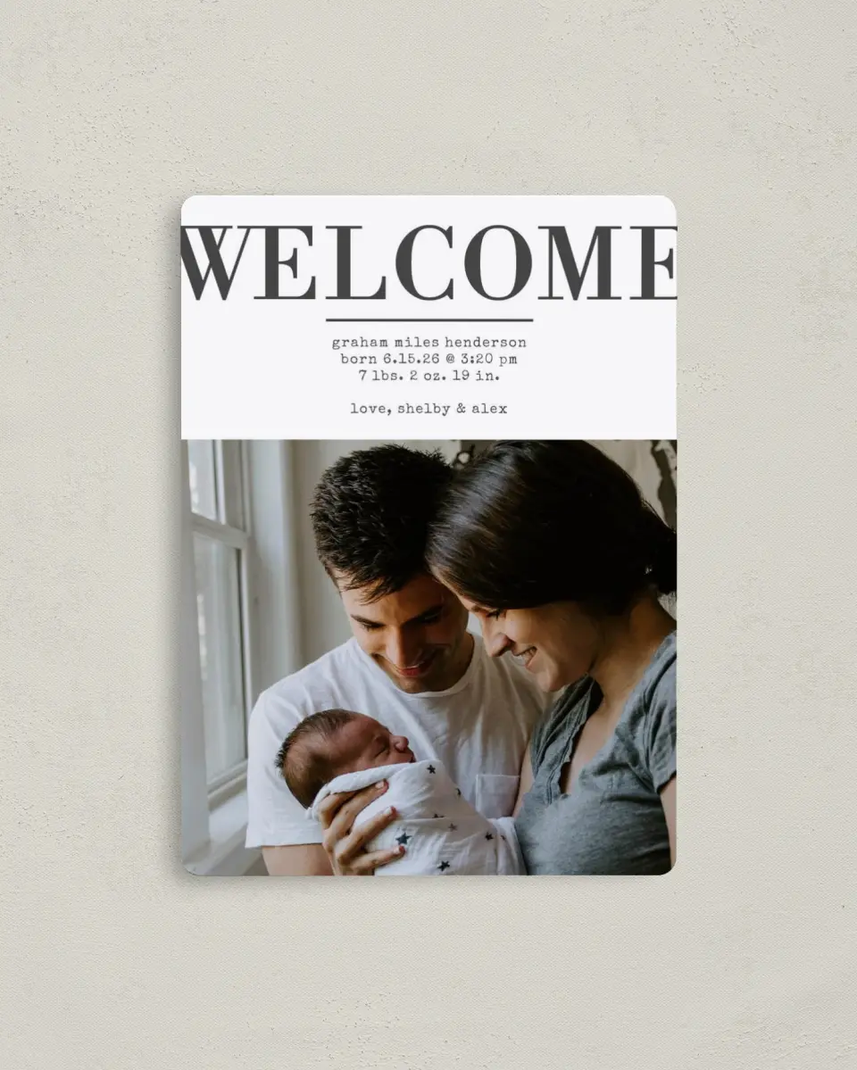 This is a 4" x 5½" Birth Announcement Magnet called Welcome Wishes printed in full color with a Luxe Satin finish